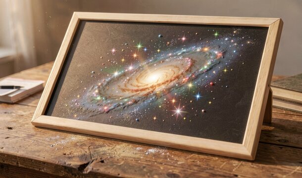 Framed spiral galaxy artwork resting on a rustic wooden table