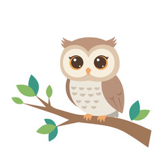 Obraz premium A cute vector illustration of an owl with large brown eyes perched on a leafy brown branch against a white background.