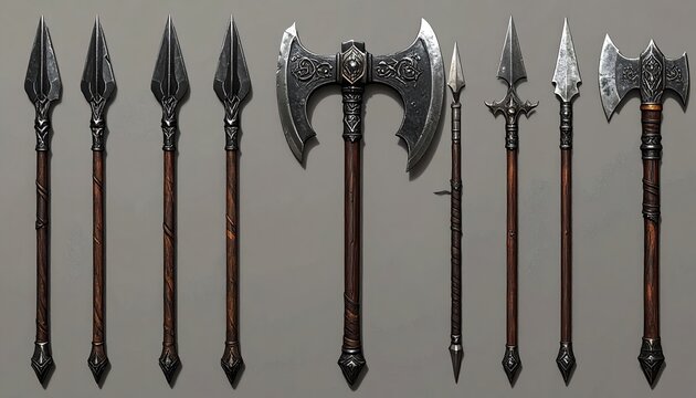 Ancient medieval fantasy weapons including spears and battle axe