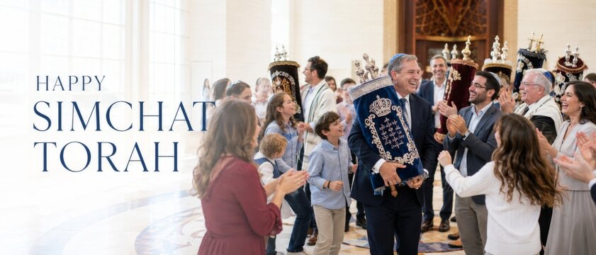 Simchat Torah celebration with Jewish community dancing around Torah scrolls in synagogue, English greeting text Happy Simchat Torah, joyful religious tradition, festive cultural background and copy