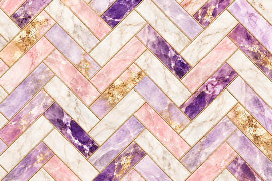 Pastel pink purple and white herringbone marble tile pattern with gold borders, polished veining and gilded accents for feminine luxury walls, backsplash and wallpaper design