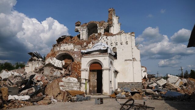 View to destroyed church at Kharkivska oblast. Ruined building after bomb attacks on ukrainian territory from russia army. Consequences of russian invasion of Ukraine. Slow motion