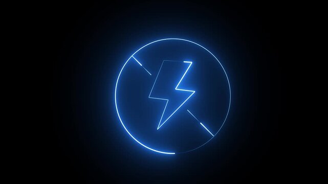 Glowing blue neon lightning bolt icon inside a circle on a dark black background