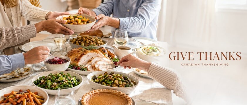 Canadian Thanksgiving dinner with family sharing roast turkey and side dishes around festive table, warm autumn meal scene beside Give Thanks greeting and open copy space for seasonal marketing