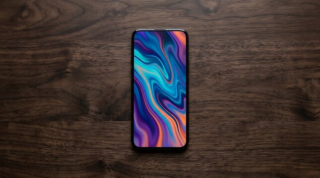 Generic Bezel-less Smartphone with Vibrant Abstract Screen on Dark Walnut Wood Surface; High Angle Flat Lay with Copy Space for Tech Marketing and Digital Lifestyle Mockup Background