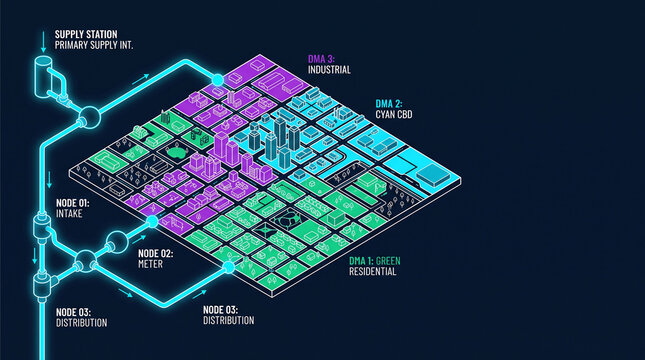 Isometric vector illustration of District Metered Area DMA zoning for urban water management with copy space