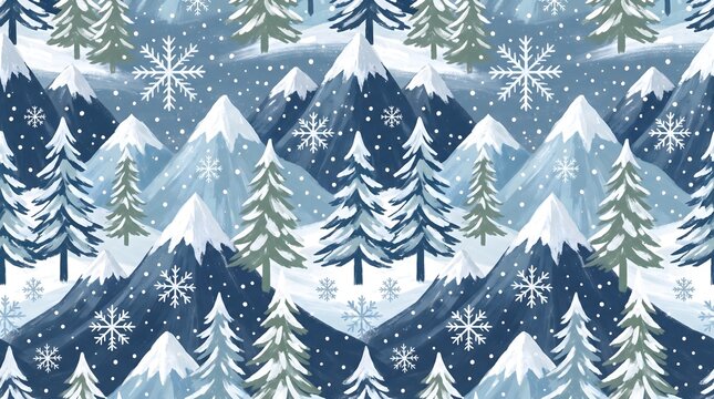 Seamless winter pattern with stylized pine trees and snowy mountains