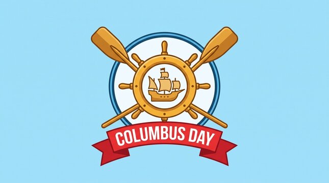 Columbus Day Vector Illustration with Ship Wheel, Crossed Oars, and Sa