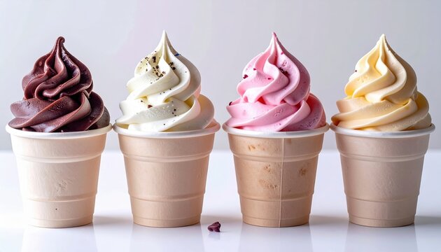 Four cups of soft serve ice cream in assorted flavors
