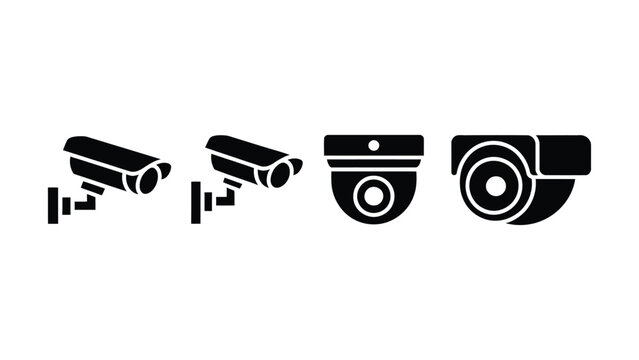 CCTV surveillance camera vector icon set featuring bullet cameras and ceiling dome cameras for security observation systems