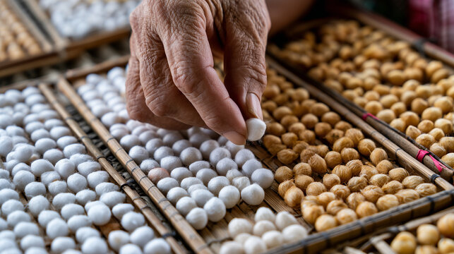AI generator images of experienced Thai silk farmer carefully selecting premium silk cocoons from bamboo trays, white and golden cocoons, traditional sericulture craftsmanship