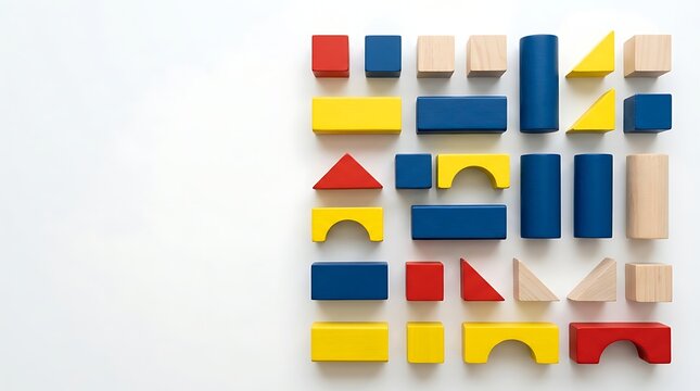 Wooden Geometric Blocks in Primary Colors on White Background Flat Lay with Copy Space for Minimalist Educational Concept and Creative Design Inspiration