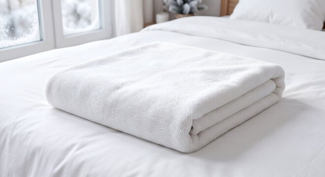 Photorealistic mockup of a blank white fleece blanket on a bed