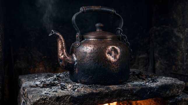 Rustic antique copper kettle heating on stone hearth over glowing fireplace fire with soot and ash for autumn beverage background