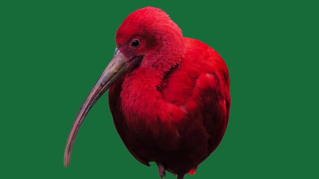 Close-up of a scarlet ibis bird profile against a green background.