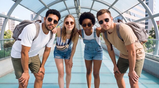 A diverse group of four young friends, casually dressed and wearing backpacks, strike a fun pose for a photo in a modern, urban setting, perhaps during a holiday adventure.
