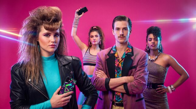 Four stylish friends pose dramatically against a vibrant pink background, exuding 1980s retro fashion and attitude. A perfect depiction of retro style and youth culture.