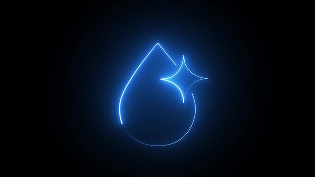 Glowing blue neon water drop icon with a bright sparkle on a dark black background