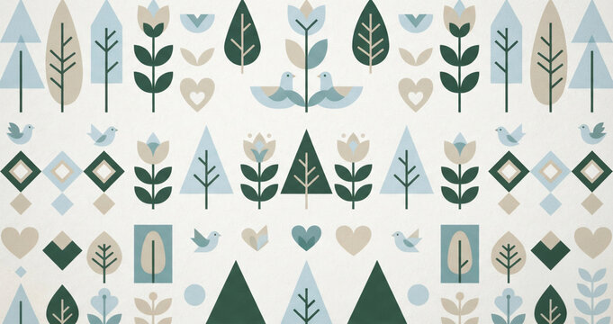 Scandinavian Folk Art Seamless Pattern with Trees, Birds, Flowers, and Geometric Shapes in Pastel Tones