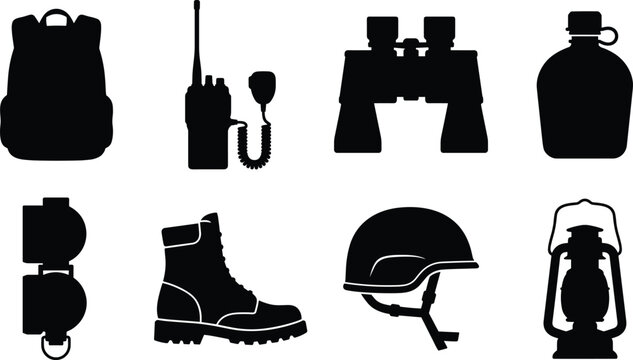Tactical military gear and survival equipment silhouettes set featuring backpack, walkie talkie, binoculars, canteen, compass, combat boot, helmet, and lantern