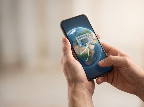 Close up of hands holding smartphone displaying a smart luggage tracking app with a 3D globe and suitcase icon