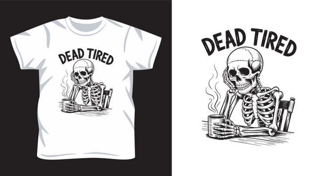 Dead tired skeleton drinking coffee at desk vector illustration for funny halloween theme apparel design print.