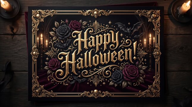Luxury Gothic Halloween Greeting Card with Ornate Gold Frame, Roses, Bats, and Elegant Calligraphy