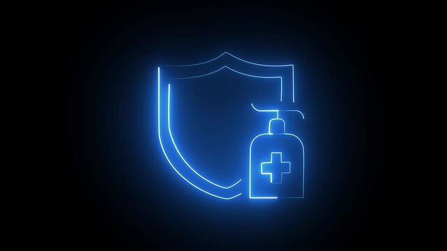 Glowing neon shield icon with a hand sanitizer bottle for health protection and hygiene concept