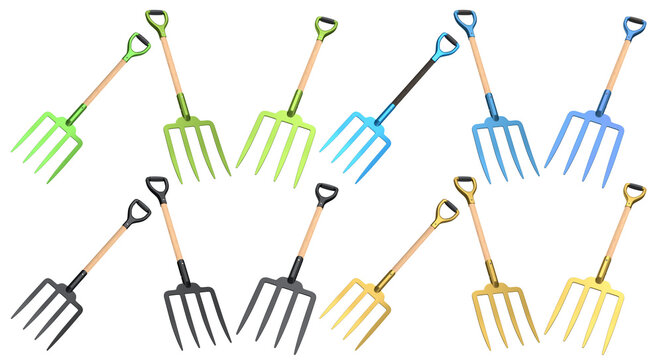 Set of garden pitchforks with wooden handles and colorful steel tines isolated on a white background