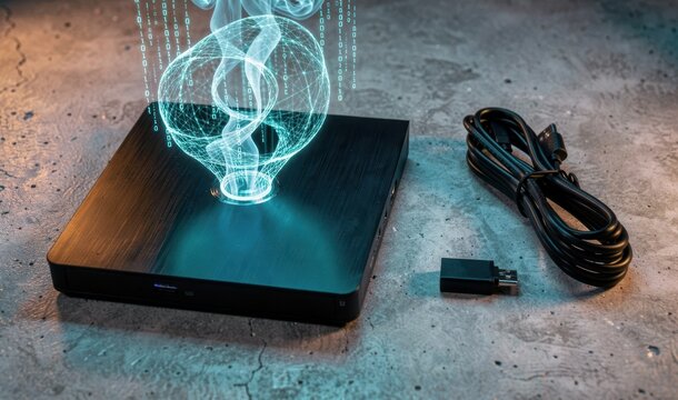 Mini computer casting glowing holographic data visualization concept image