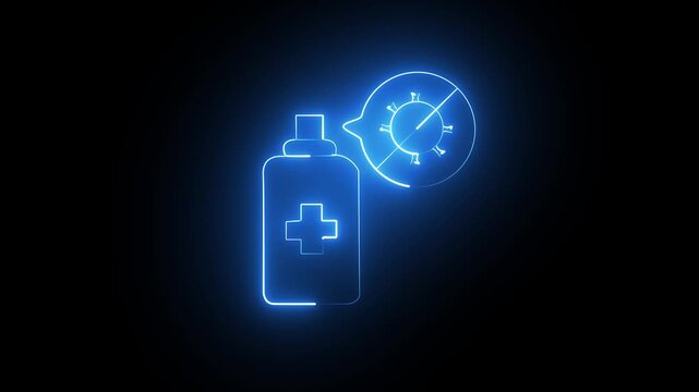 Neon blue hand sanitizer bottle with virus warning sign on a dark background