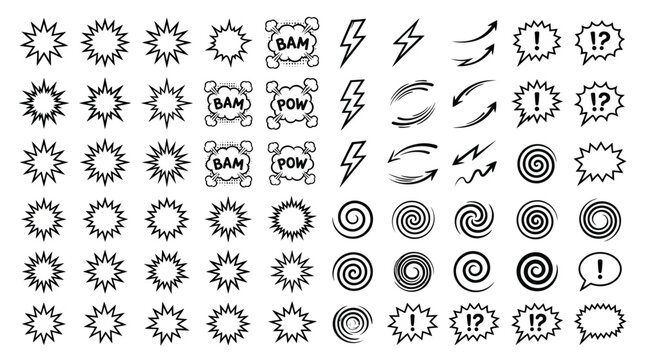 Collection of hand drawn comic book style graphic elements and speech bubbles.