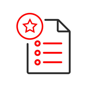A simple flat line icon of a document paper sheet with a checklist and a star symbol in a circle showing a favorite or best rated item for business user interface and web design