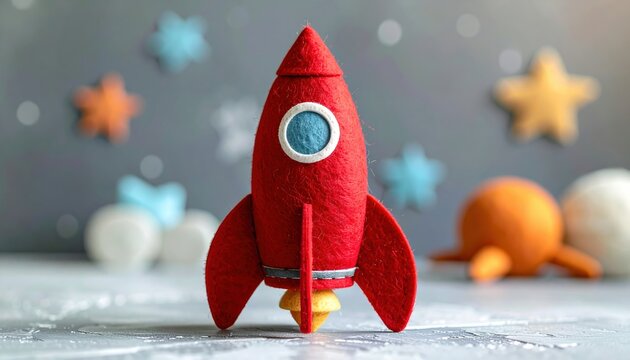 Red felt toy rocket representing space exploration and childrens play