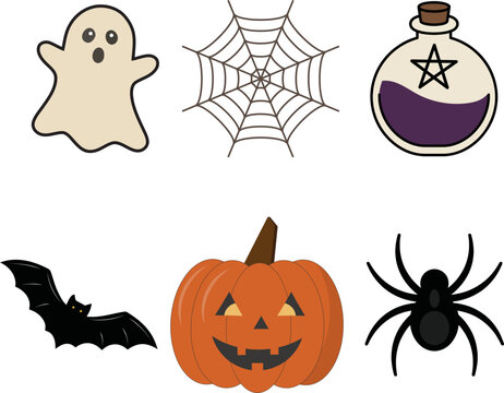 Halloween Vector Icon Set: Ghost, Spider Web, Jack O Lantern, Bat and Spider Flat Illustration