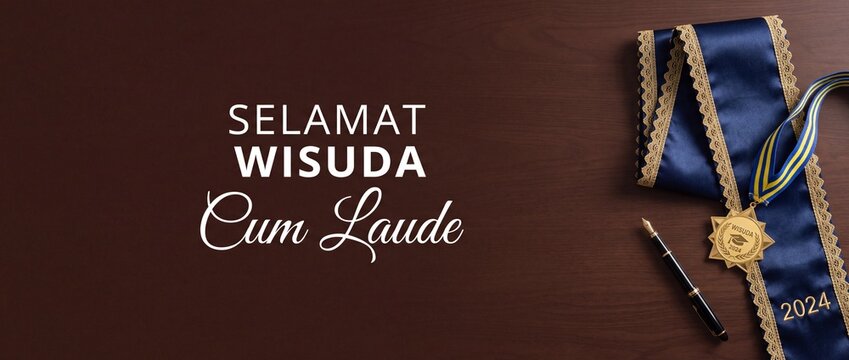Selamat Wisuda Cum Laude Banner with graduation sash, gold medal 2024, fountain pen on dark wooden table background, elegant academic achievement template with copy space for congratulation header.