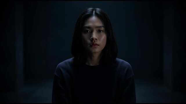 Cinematic portrait of a serious young Asian woman sitting in a dark room under dramatic lighting.