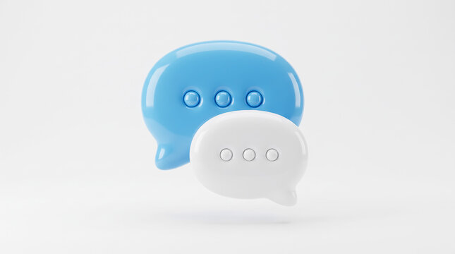 Glossy blue and white speech bubbles floating together against a clean minimalist studio background representing digital communication social media interaction network connectivity and messaging conce