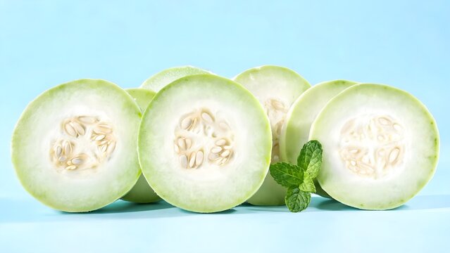 Fresh Green Winter Melon Slices with Mint on Blue Background