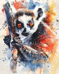 Fototapeta premium A whimsical watercolor illustration of a playful lemur with big, curious eyes and a playful expression.