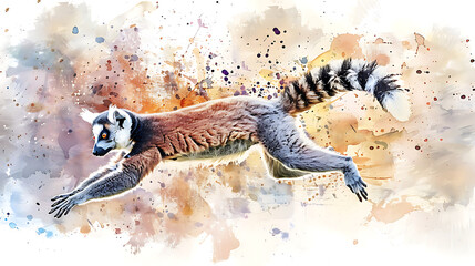 Obraz premium A whimsical watercolor illustration of a playful jumping lemur, dynamic pose, curling tail.