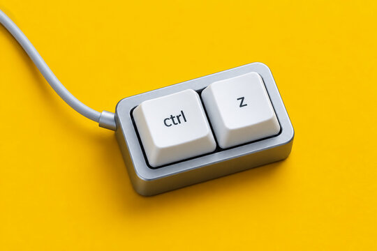 Computer keyboard keys featuring control and z printed on white square buttons connected by silver cable isolated on vibrant yellow background representing digital undo function and modern computing o