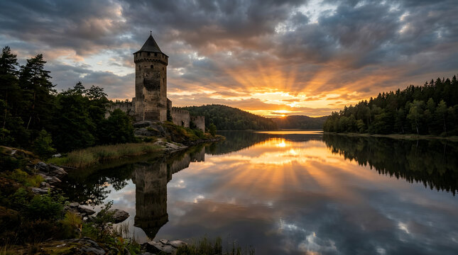  Ancient castle tower overlooking a lake with reflection in the water, no text.