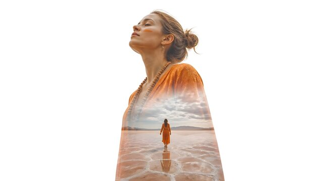 Serene Silhouette of a Woman Standing on the Beach During Sunset with Reflection in the Ocean and Cloudy Sky