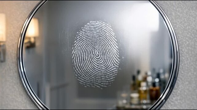A round mirror with a visible fingerprint on it