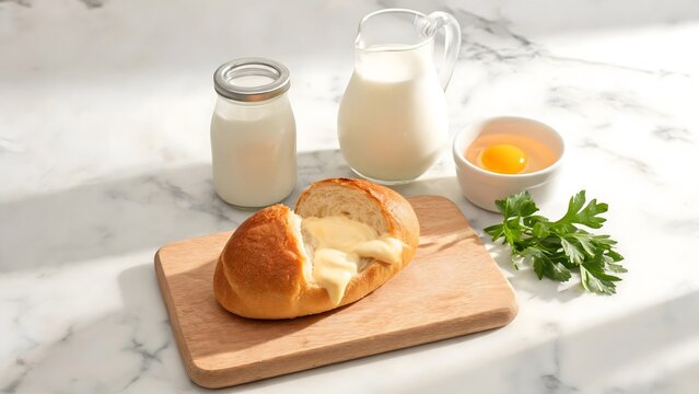 Breakfast with Cheese Bun, Milk, and Egg on Marble Counter