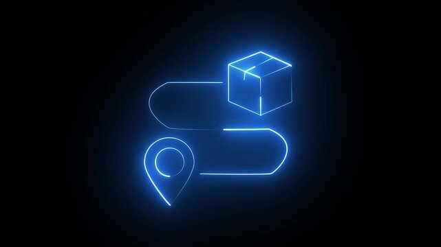 Neon blue line art showing a package delivery route with a box and a location pin icon