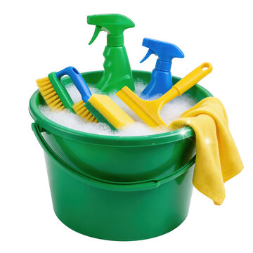 Cleaning supplies in green bucket with soapy water as isolated on transparent background