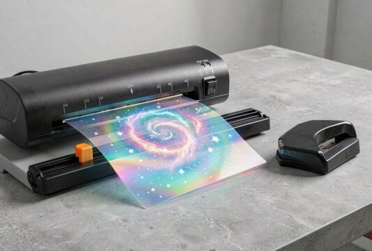 A black laminator machine protecting a shiny colorful galaxy sheet