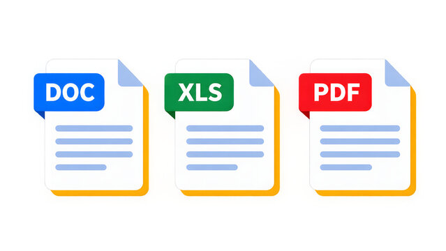 DOC XLS and PDF file format icons isolated on white background